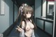 A naked anime girl with long brown hair and a flower in her hair.