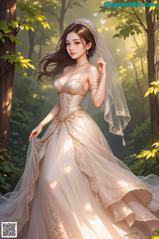 A woman in a wedding dress standing in the woods.