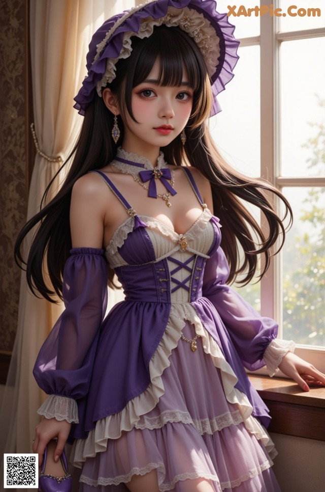 A woman in a purple dress and hat posing by a window.