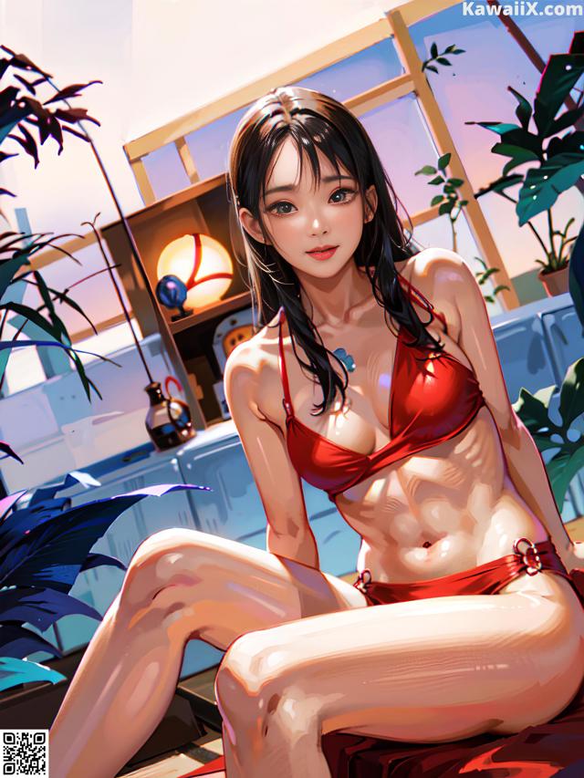 A woman in a red bikini sitting on a bed.