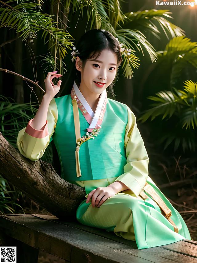 A woman in a green and yellow hanbok sitting on a bench.