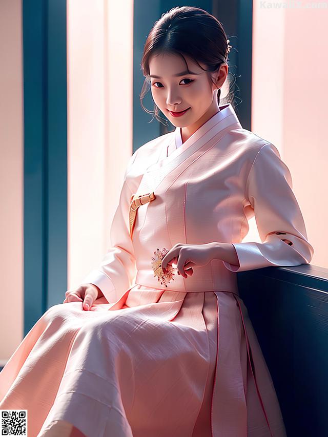A woman in a pink dress sitting on a window sill.